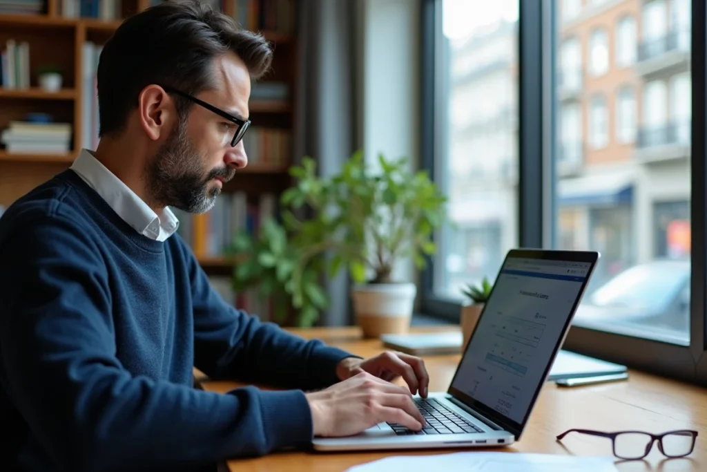 Homme utilisant une calculette d'épaisseur de verres de lunettes en ligne sur ordinateur portable