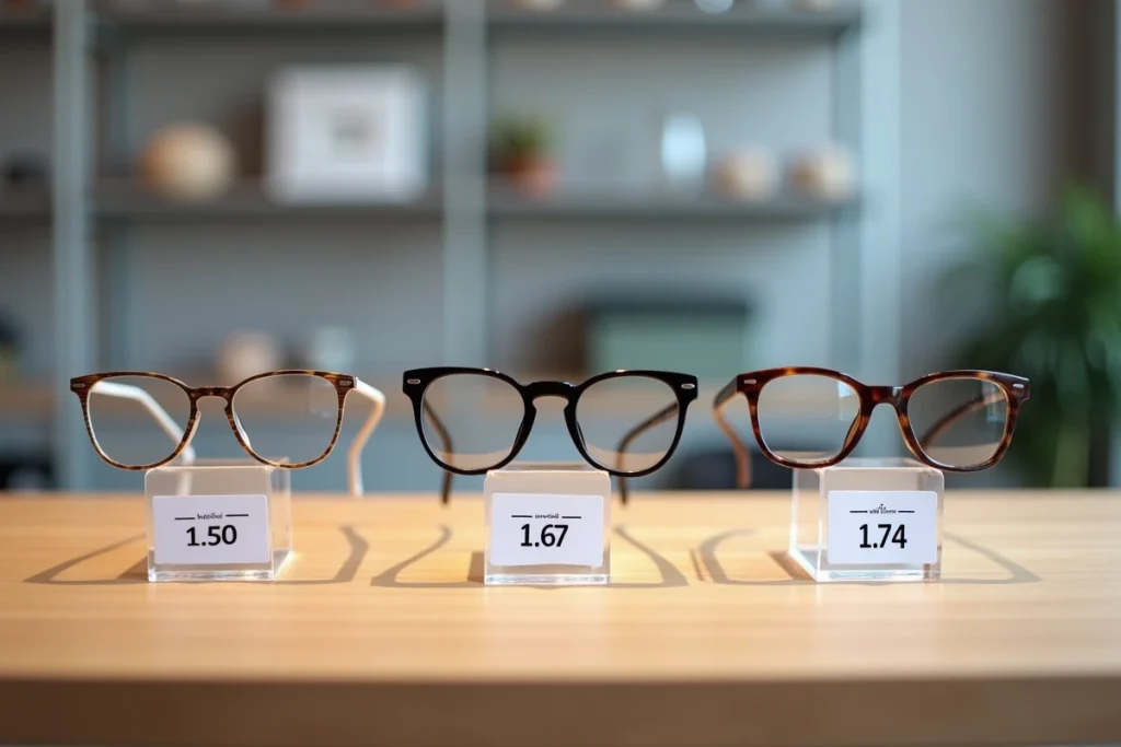 Comparaison de montures de lunettes avec différents indices de réfraction et épaisseurs de verres optiques