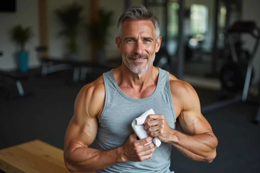 Homme appliquant une compresse froide sous son aisselle pour calmer une douleur, assis dans une salle de sport à domicile