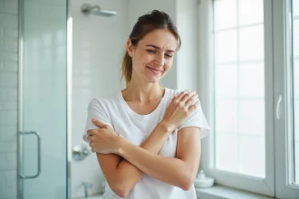 Femme tenant son aisselle avec la main pour soulager une douleur, dans une salle de bain moderne