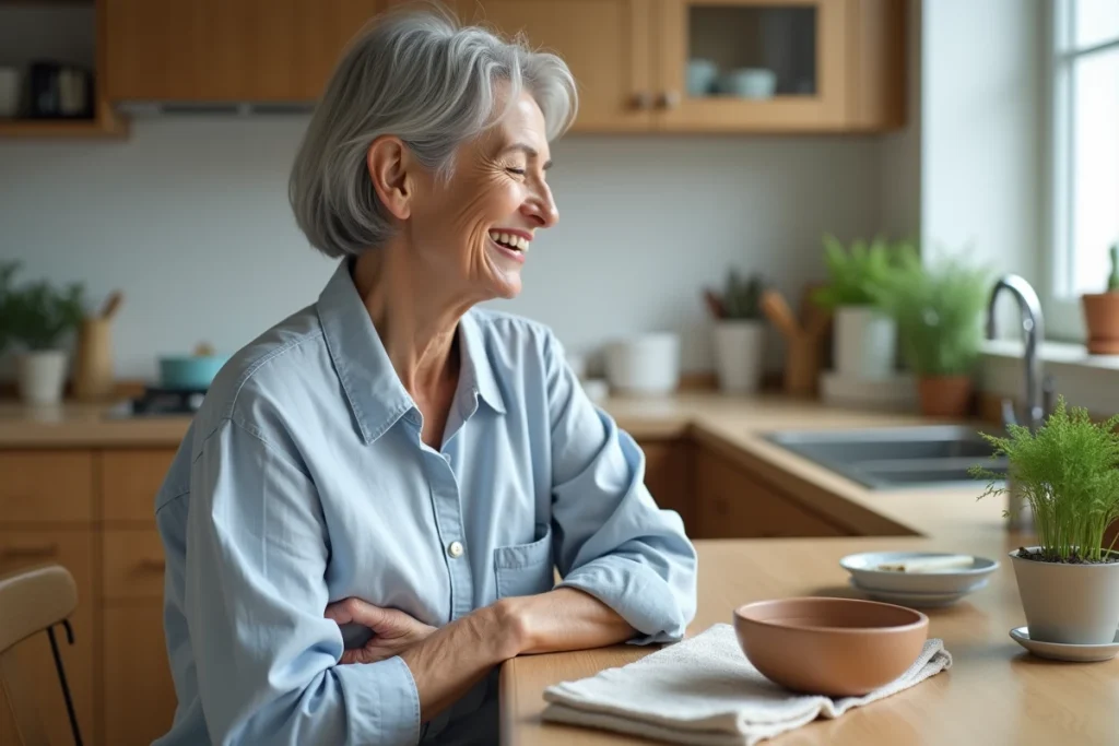 Femme mature massant doucement son aisselle à la table de cuisine pour soulager une gêne, remède maison