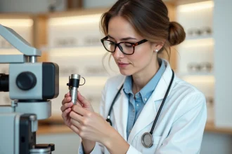 Opticienne examinant des verres amincis à indice élevé dans une boutique d'optique moderne