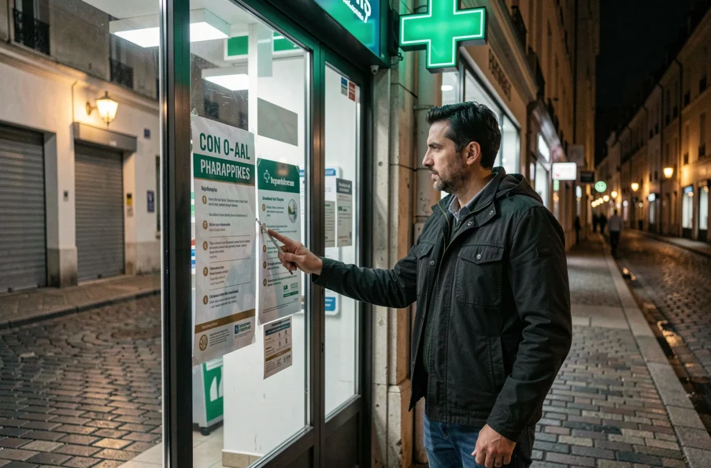 Homme consultant l'affichage de garde pharmaceutique sur la vitrine d'une pharmacie fermée la nuit à Gardanne