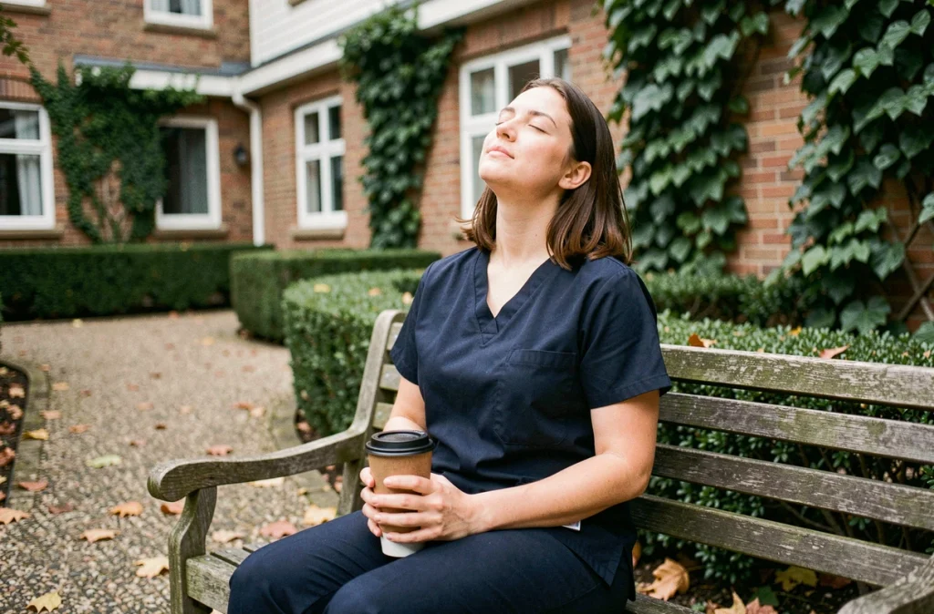 Aide-soignante au repos dans la cour d'un établissement de soin, soulignant l'importance des pauses pour prévenir l'épuisement professionnel