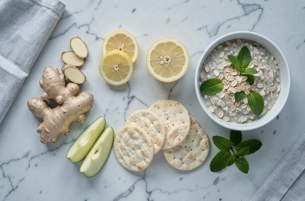 Vue de dessus d'aliments anti-nausées pour femmes enceintes disposés sur un comptoir en marbre blanc, incluant gingembre, citron, crackers et pomme verte