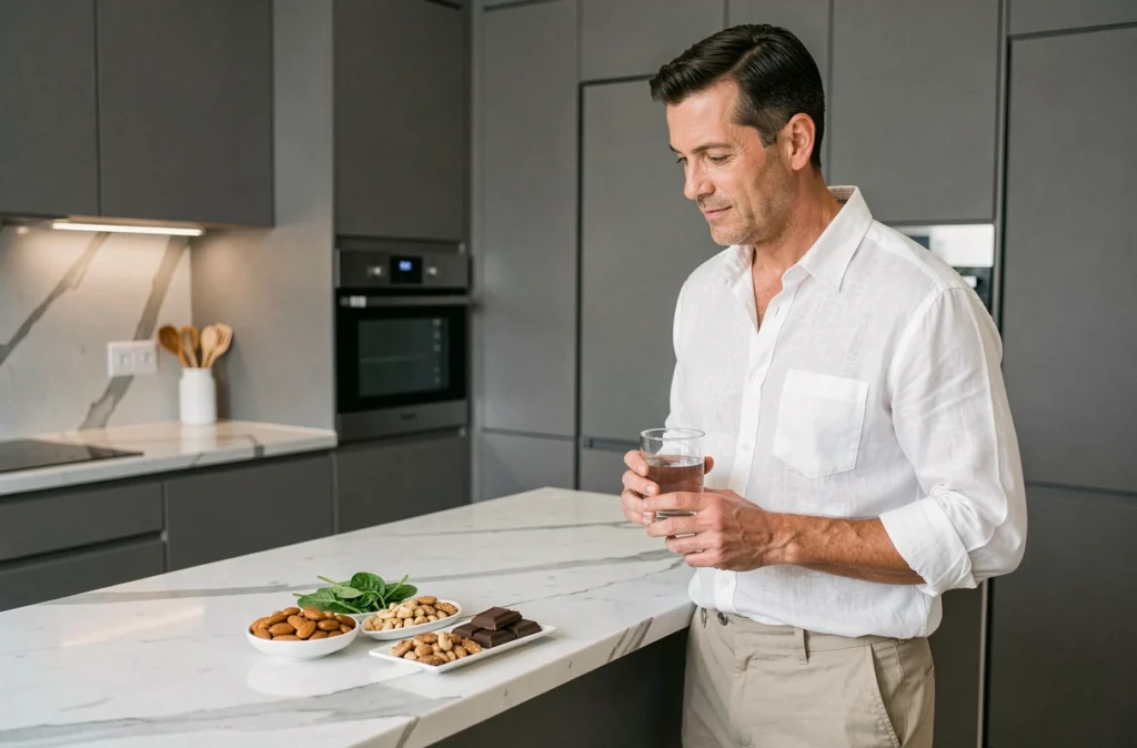Homme dans une cuisine moderne tenant un verre d'eau entouré d'aliments riches en magnésium pour prévenir les crampes musculaires