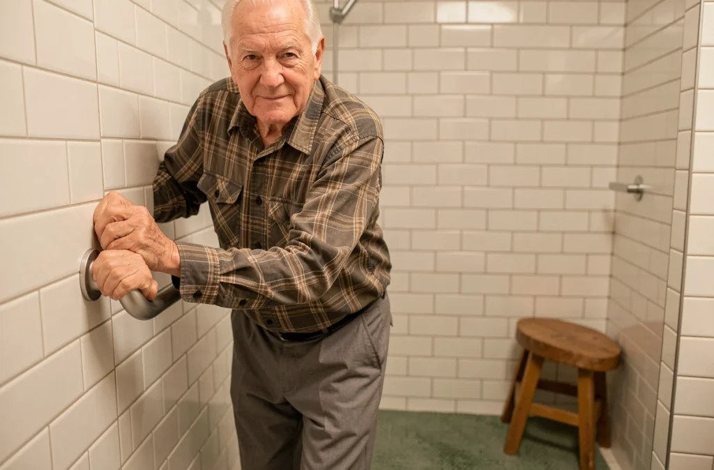 Personne âgée utilisant une barre d'appui dans une salle de bain aménagée pour prévenir les chutes