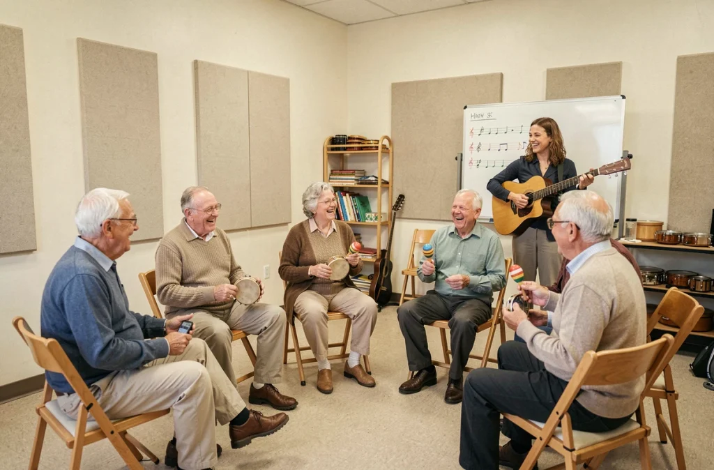 Groupe de personnes âgées participant à un atelier de musicothérapie en communauté pour stimuler la mémoire