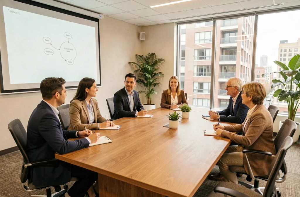 Atelier de soutien entre professionnels de santé et travailleurs sociaux dans une salle de conférence moderne, illustrant un réseau interprofessionnel