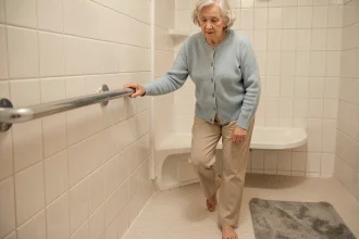 Femme âgée utilisant une barre d'appui dans une salle de bain aménagée pour prévenir les chutes