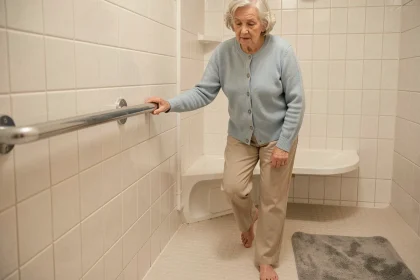 Femme âgée utilisant une barre d'appui dans une salle de bain aménagée pour prévenir les chutes
