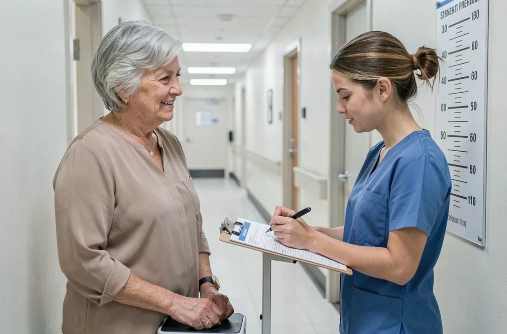 Une femme senior de 70 ans lors d'une prise de mesures préventives par une infirmière dans un couloir de clinique