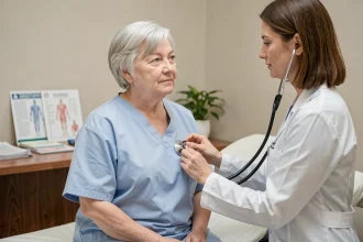 Une femme de 68 ans lors d'un bilan de santé annuel avec sa médecin généraliste dans un cabinet médical moderne