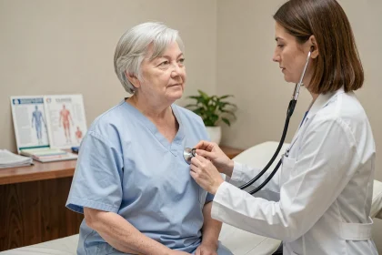Une femme de 68 ans lors d'un bilan de santé annuel avec sa médecin généraliste dans un cabinet médical moderne