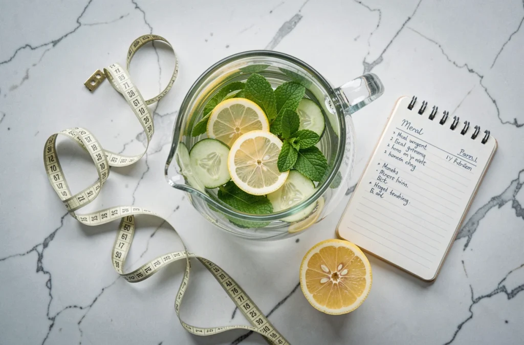 Vue de dessus d'une carafe d'eau infusée citron concombre menthe avec un mètre ruban et un carnet de régime, concept hydratation et minceur