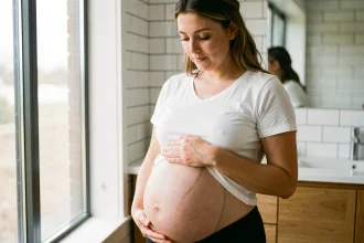 Femme enceinte observant les changements de sa peau sur le ventre, incluant la linea nigra et des vergetures légères