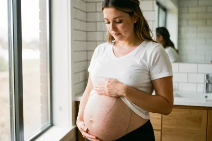 Femme enceinte observant les changements de sa peau sur le ventre, incluant la linea nigra et des vergetures légères