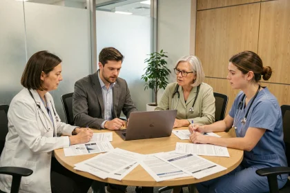 Équipe pluridisciplinaire de professionnels de santé mentale en réunion de concertation autour d'une table d'hôpital moderne