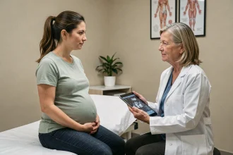 Femme enceinte en consultation médicale au premier trimestre avec son obstétricienne