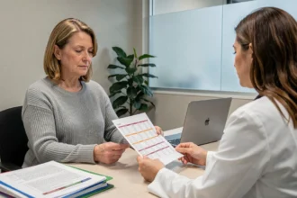 Femme d'âge mûr consultant une médecin pour interpréter des résultats d'analyses sanguines élevés, dont la GGT