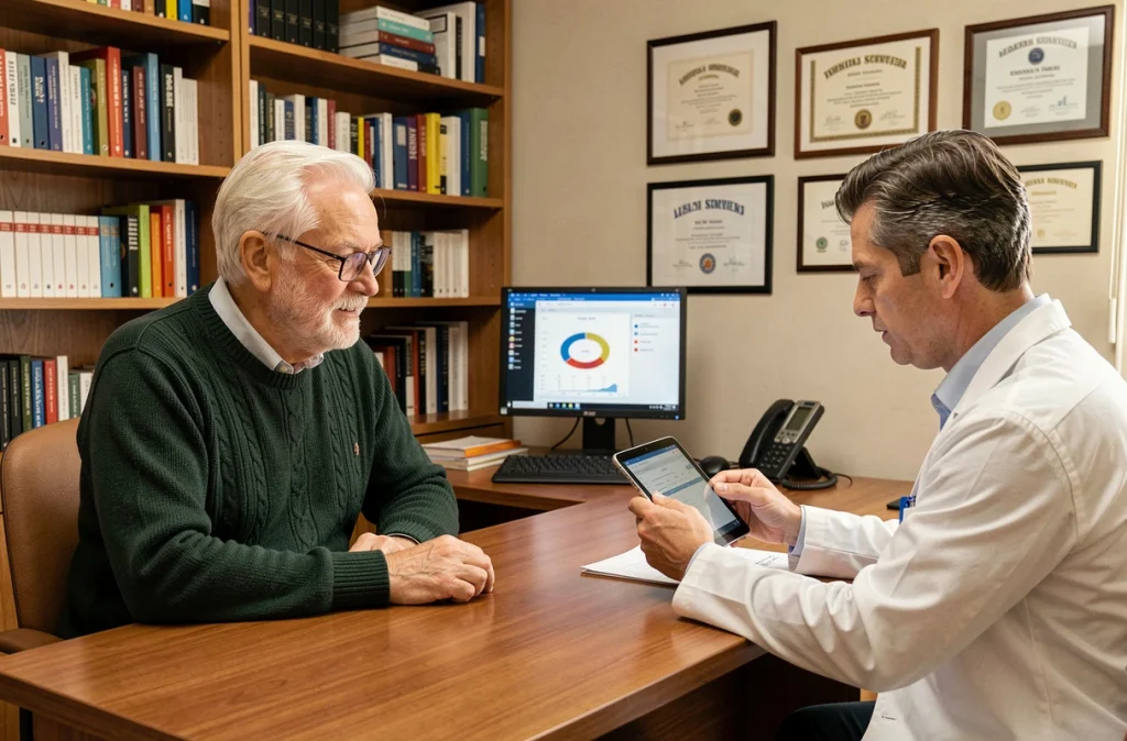 Un homme de 72 ans en consultation médicale de suivi examinant ses résultats d'analyses avec son médecin traitant