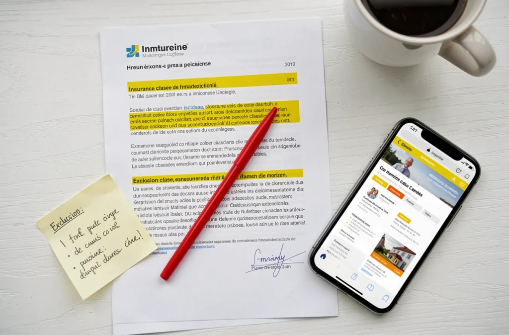 Vue aérienne d'un contrat d'assurance ECA annoté avec clauses surlignées, stylo rouge et pièges identifiés sur un bureau