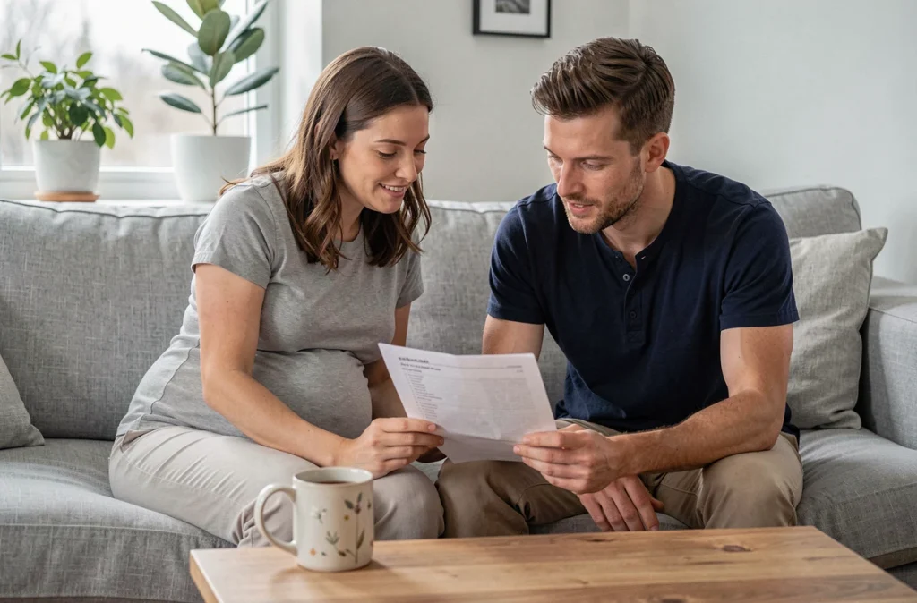 Couple de futurs parents qui discutent ensemble du plan de naissance sur leur canapé à la maison