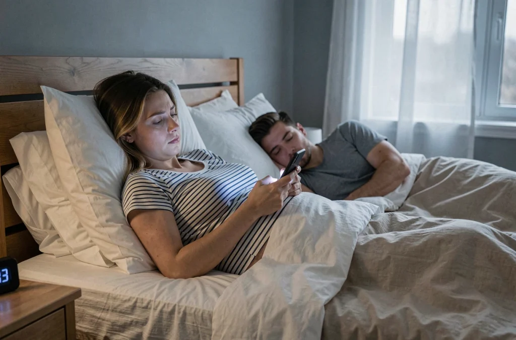 Femme enceinte réveillée la nuit à côté de son partenaire endormi, consultant son téléphone pendant une insomnie du troisième trimestre