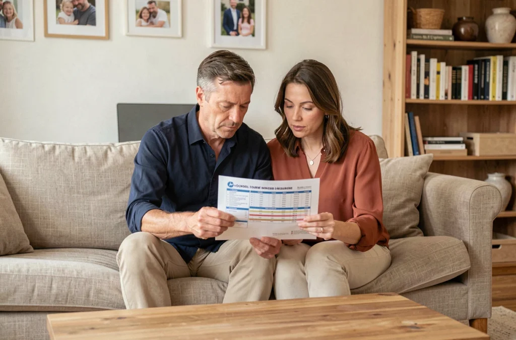 Couple de parents examinant ensemble un plan d'assurance familiale globale dans leur salon
