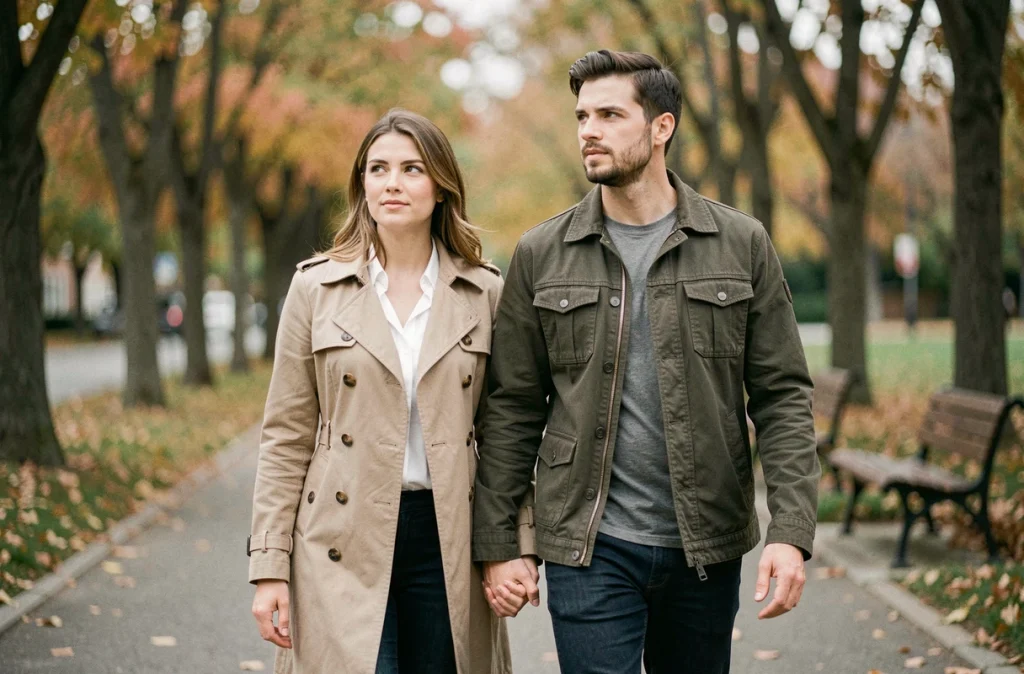 Couple tenant la main dans un parc en automne, partageant un moment de promenade calme et complice