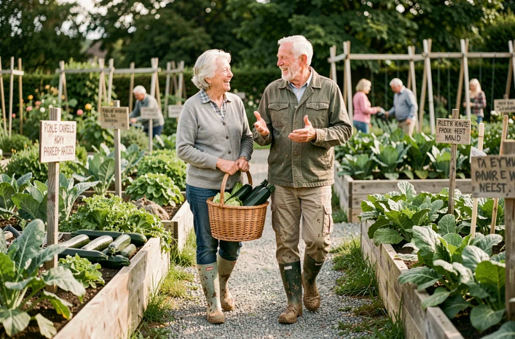 Couple de retraités qui se promènent en riant dans un jardin communautaire, tenant un panier en osier rempli de légumes frais récoltés, entourés de rangs de végétaux luxuriants