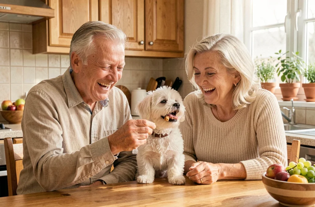 Un couple de seniors rit avec leur petit chien blanc dans leur cuisine, illustrant la joie et le lien social que les animaux de compagnie apportent aux personnes âgées