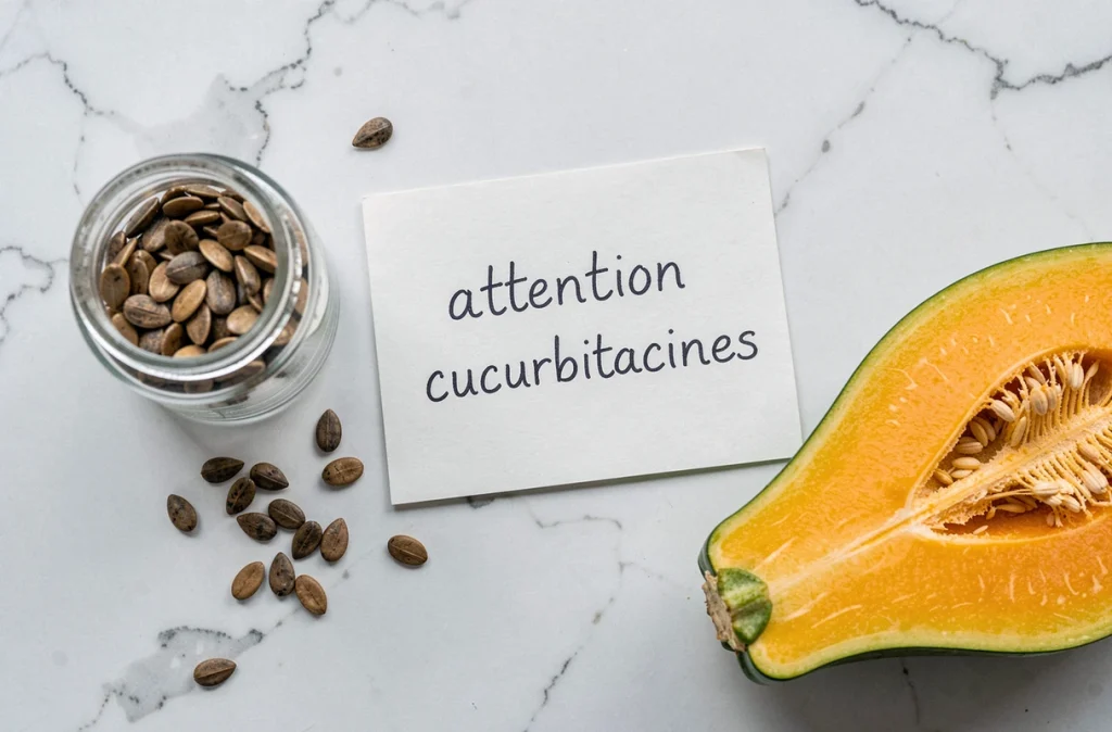 Pot de graines de potimarron avec note manuscrite alertant sur les cucurbitacines, symbolisant la prévention des intoxications aux courges amères