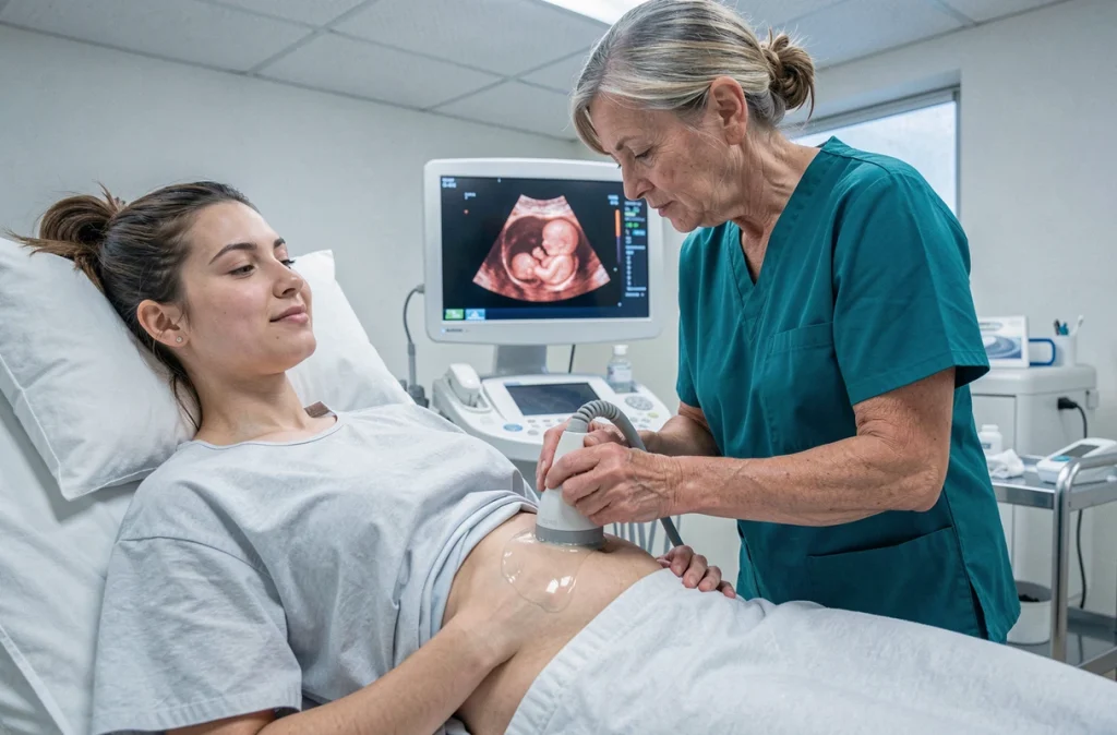 Échographie du premier trimestre de grossesse réalisée par une sage-femme échographiste