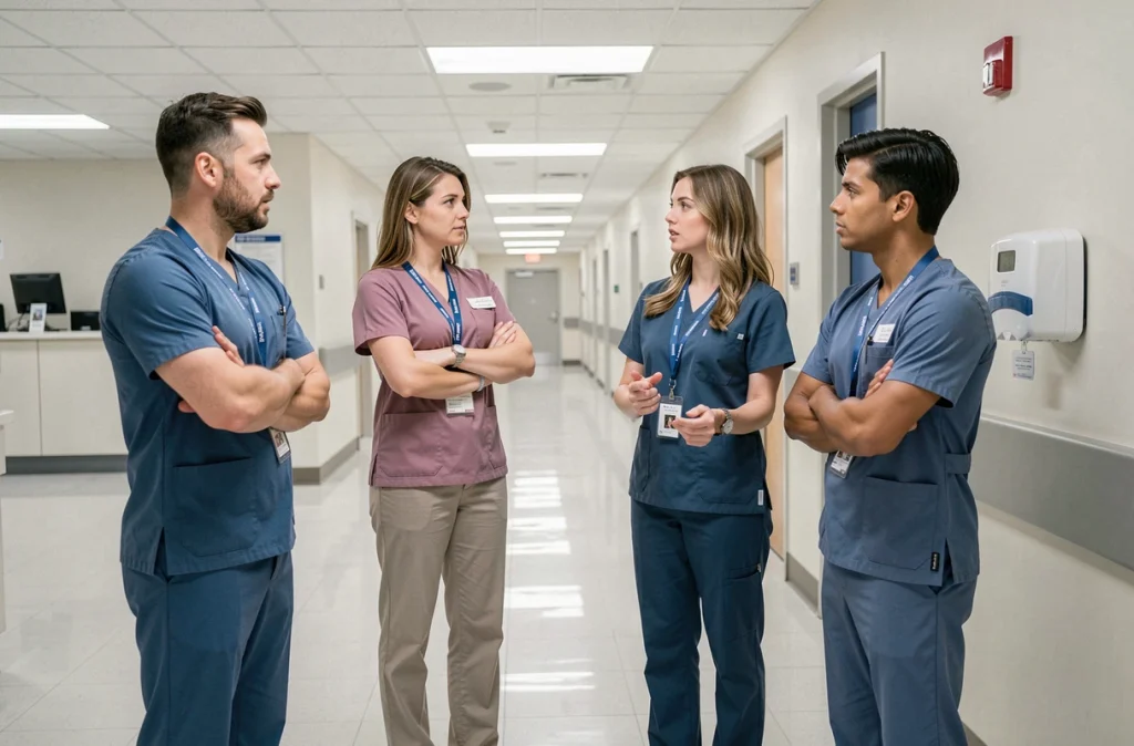 Équipe médicale en discussion dans un couloir d'hôpital, représentant la tension et la communication dans la gestion du stress des soignants
