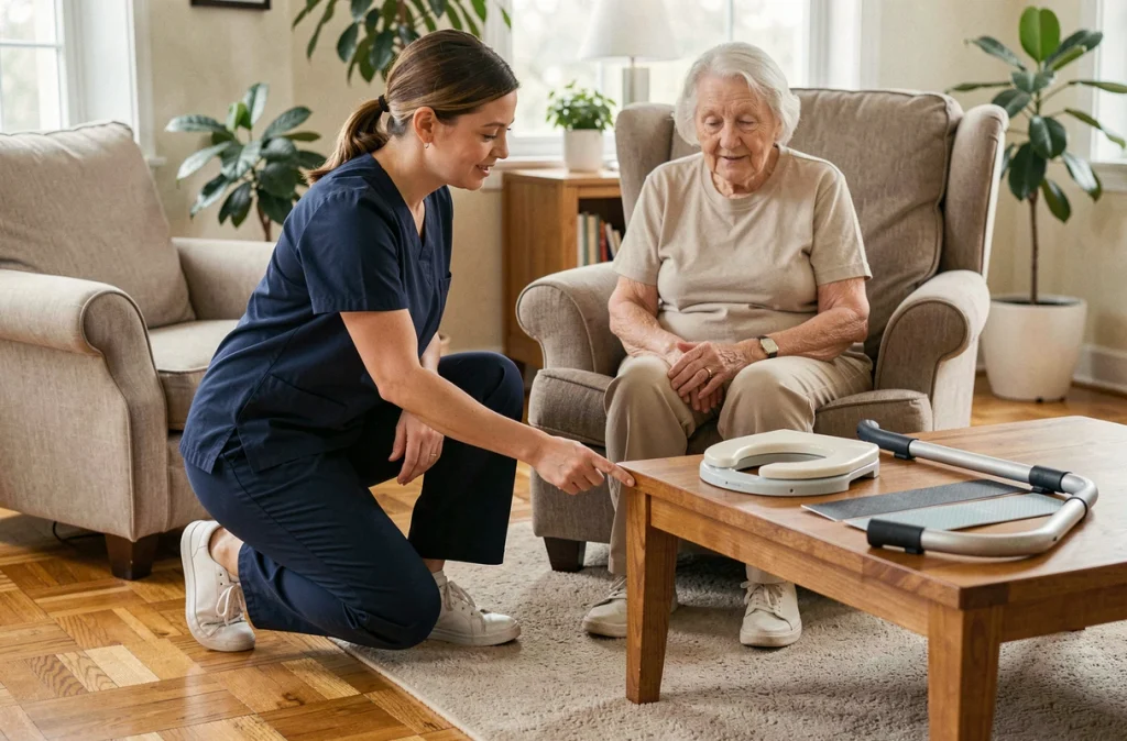 Ergothérapeute présentant des équipements d'adaptation du logement pour prévenir les chutes chez les seniors
