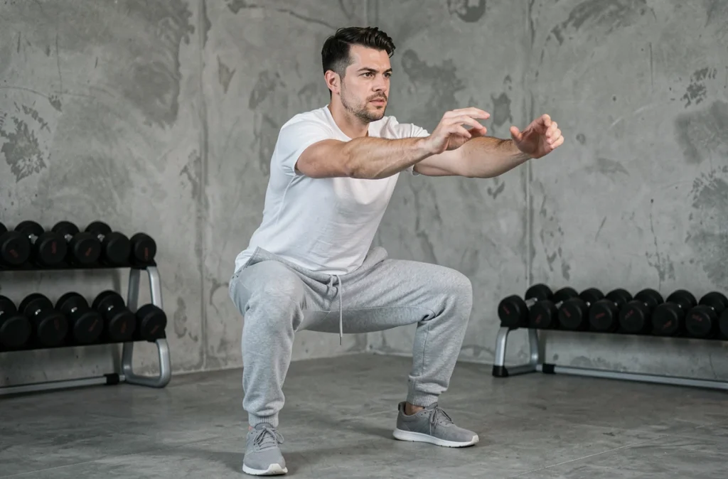 Homme en jogging gris effectuant des squats dans un coin salle de sport à domicile