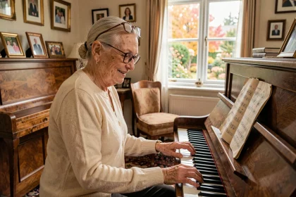 Femme âgée jouant du piano dans un salon chaleureux, illustrant les bienfaits de la musique sur la mémoire des seniors