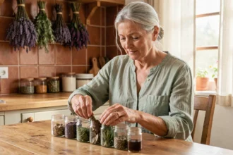 Femme âgée préparant des remèdes à base de plantes pour l'arthrose dans une cuisine rustique