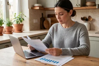 Femme consultant des documents d'assurance famille tout-en-un sur son ordinateur portable dans une cuisine moderne