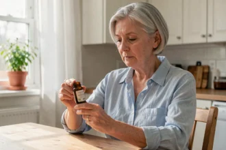 Femme d'âge mûr examinant un complément alimentaire pour réguler la glycémie dans sa cuisine