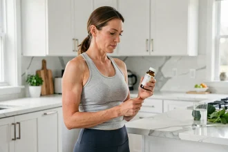 Femme lisant l'étiquette d'un complément alimentaire Lumilean dans une cuisine moderne et saine