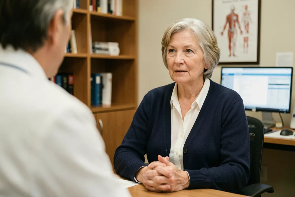 Femme âgée en consultation chez un urologue, discutant de symptômes comme la présence de sang dans les urines sans douleur