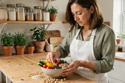 Femme préparant un bol équilibré riche en fibres alimentaires avec légumineuses, légumes colorés et céréales complètes dans une cuisine naturelle