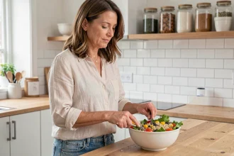 Femme préparant un bol repas équilibré et coloré dans une cuisine moderne pour un rééquilibrage alimentaire sans frustration