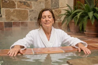 Femme en cure thermale rhumatologie immergée dans un bassin d'eau thermale minérale dans un spa thermal français élégant
