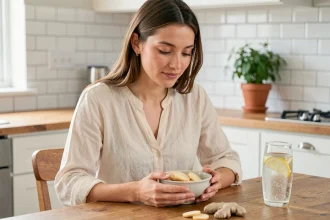 Femme enceinte tenant un bol de crackers et de gingembre pour soulager les nausées de grossesse dans une cuisine lumineuse