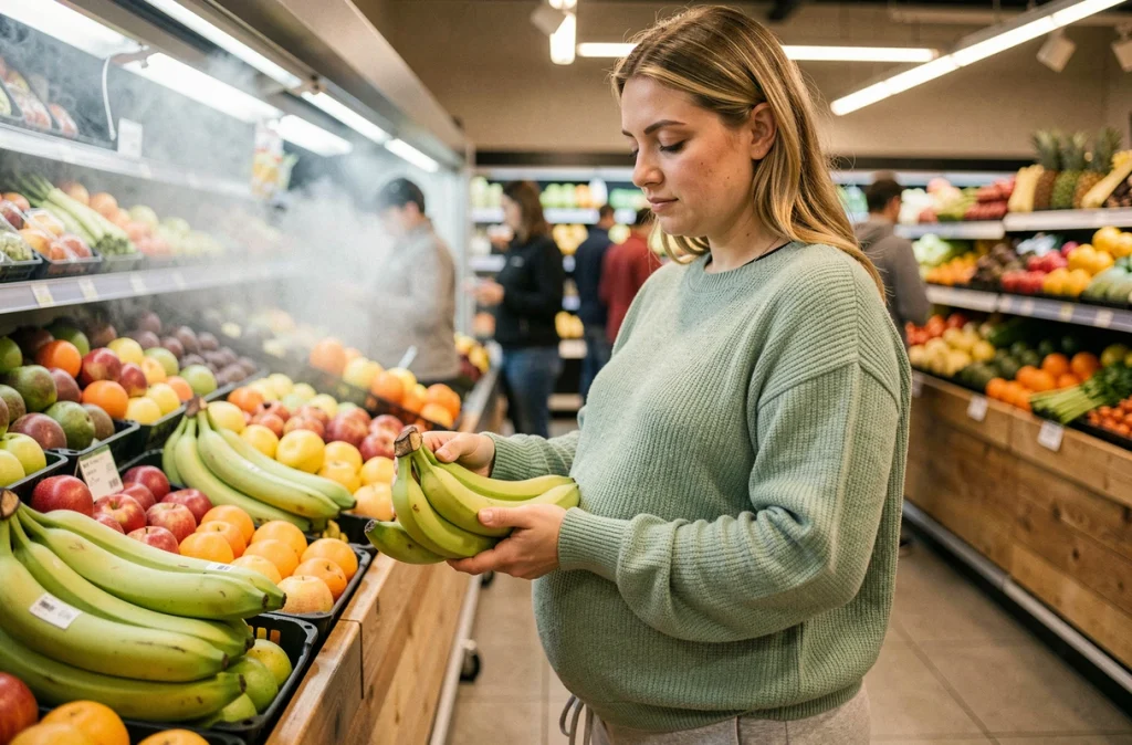 Femme enceinte choisissant des bananes vertes dans un supermarché pour prévenir les nausées du premier trimestre de grossesse