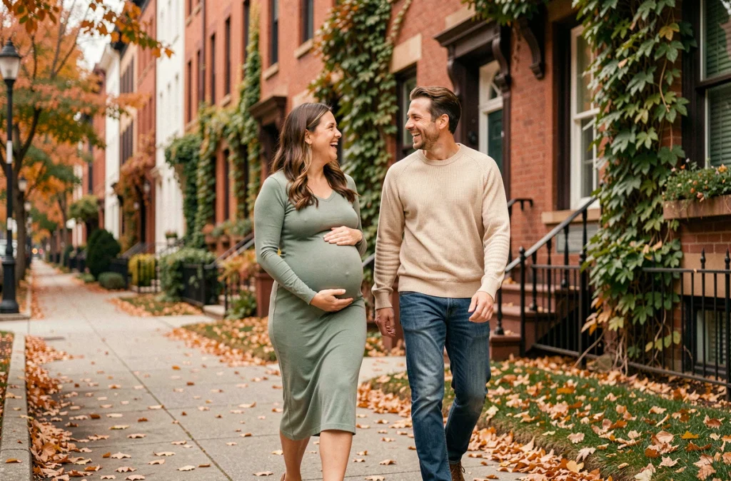 Femme enceinte marchant en automne avec une amie dans une rue résidentielle, activité physique douce pendant la grossesse