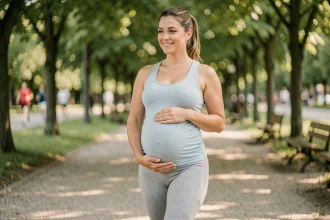 Femme enceinte marchant dans un parc urbain arboré, main sur le ventre, bienfaits de la marche pendant la grossesse